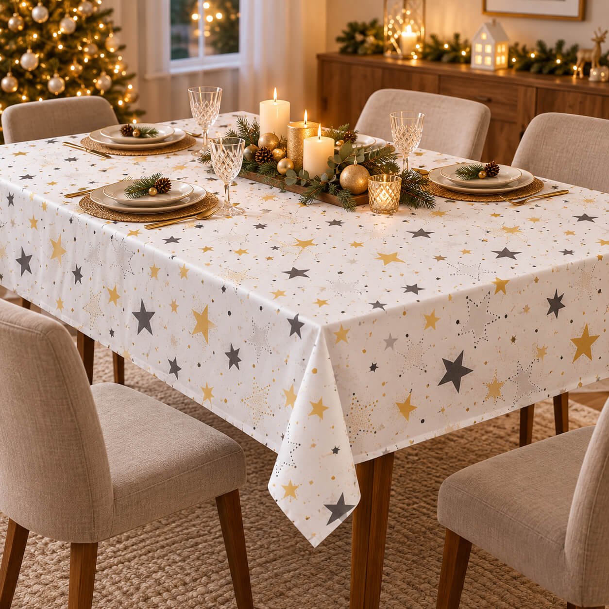 Cucina & Tavola Christmas Tablecloth White Gold Grey Stars – 140 × 220 cm