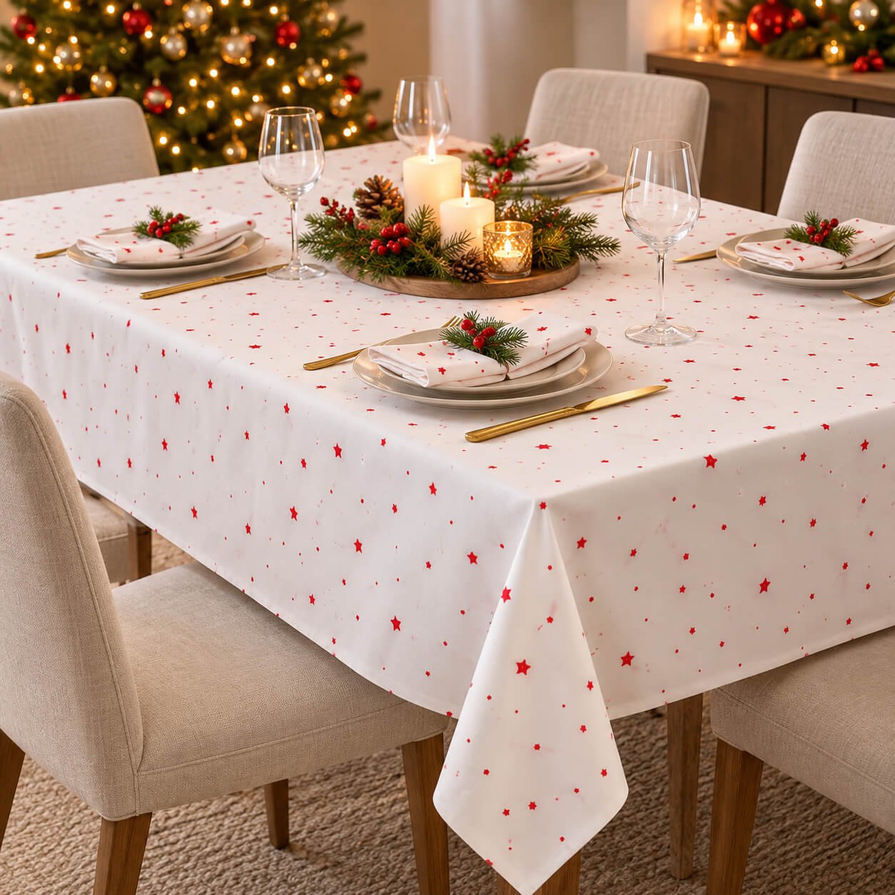 Cucina & Tavola Christmas Tablecloth White with Red Stars – 140 × 220 cm