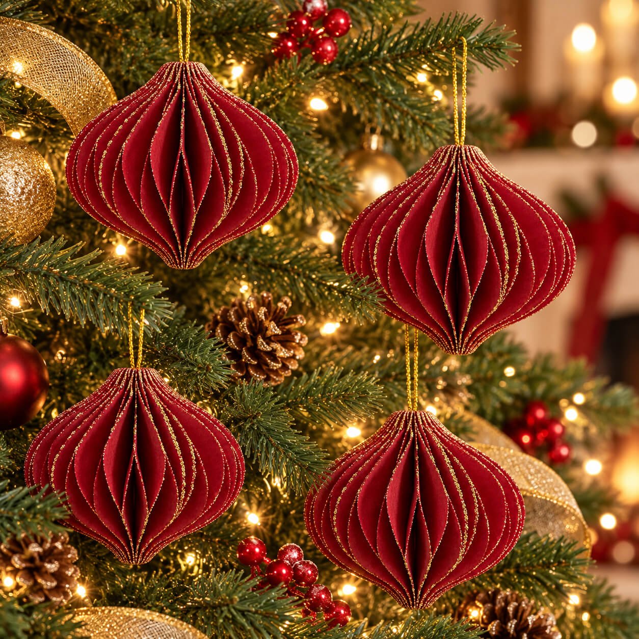 Glitter Honeycomb Christmas Ornaments red - Set of 4