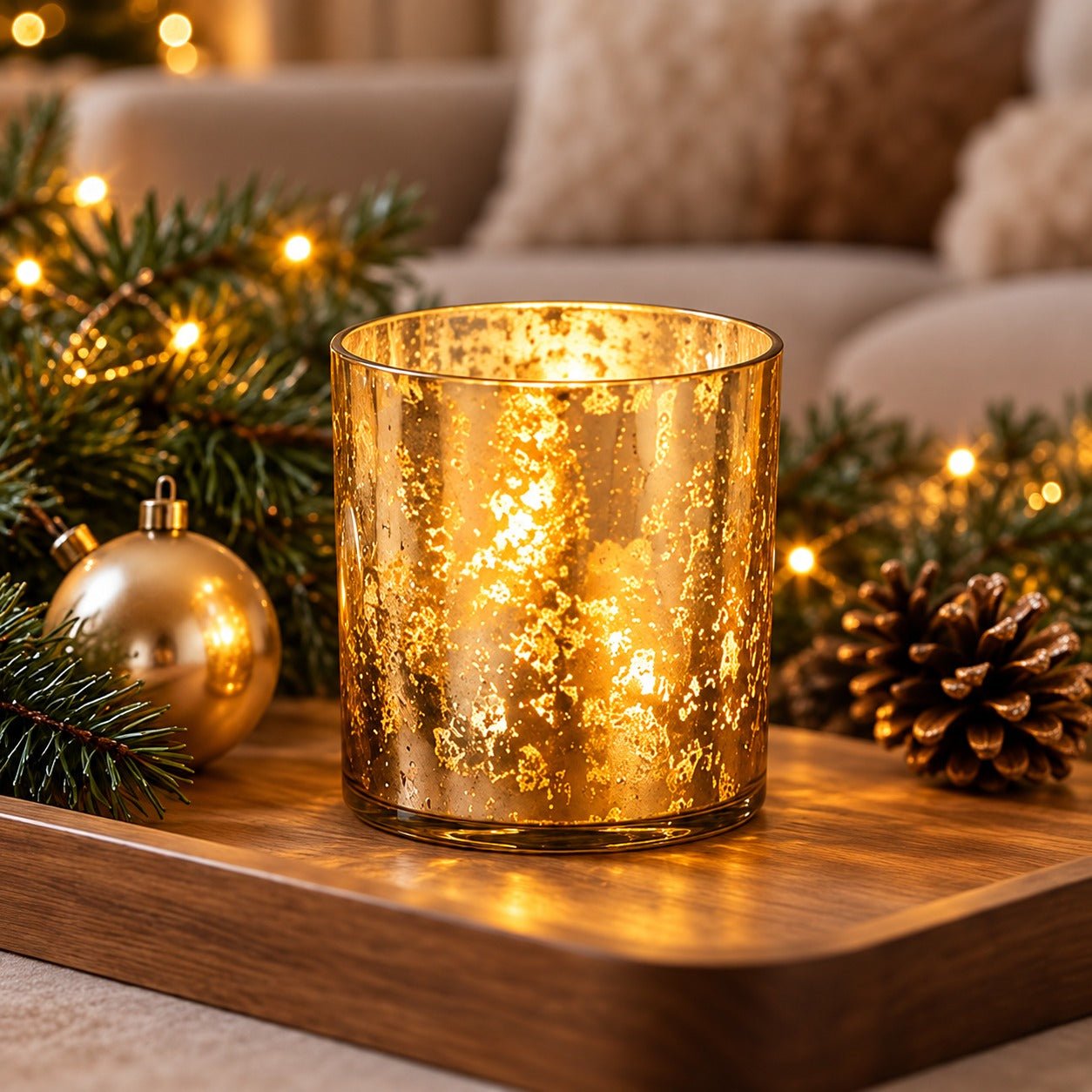 Flameless LED Glass Lantern with Real Wax Candle - Gold