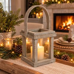 Natural Collections Rustic Wooden Lantern with Glass Panels grey - 17.5 cm