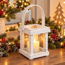 Natural Collections Rustic Wooden Lantern with Glass Panels white - 17.5 cm