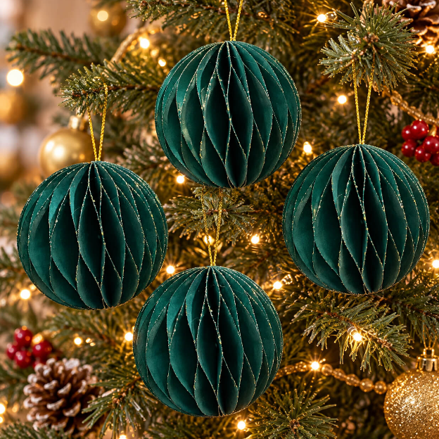 Glitter Honeycomb Christmas Ornaments Dark Green - Set of 4
