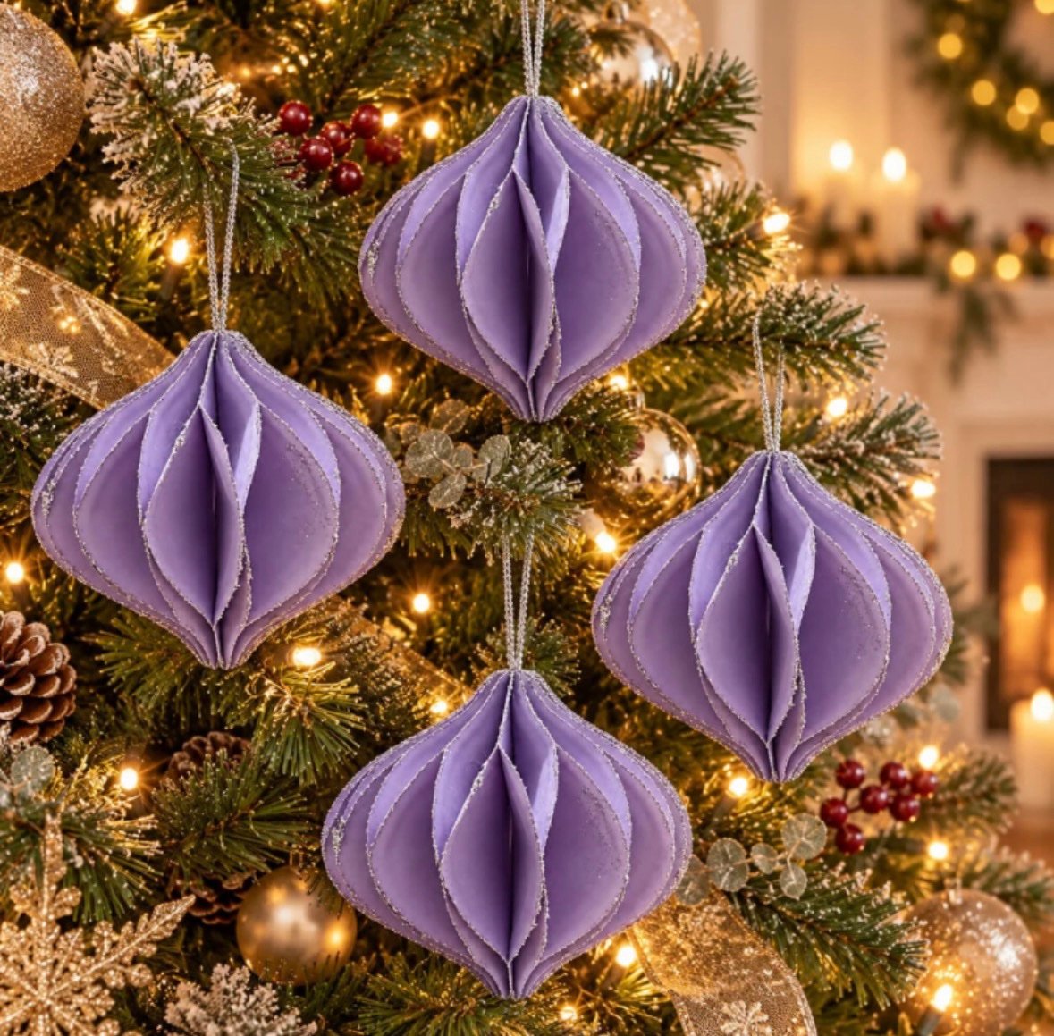 Glitter Honeycomb Christmas Ornaments - light purple - Set of 4