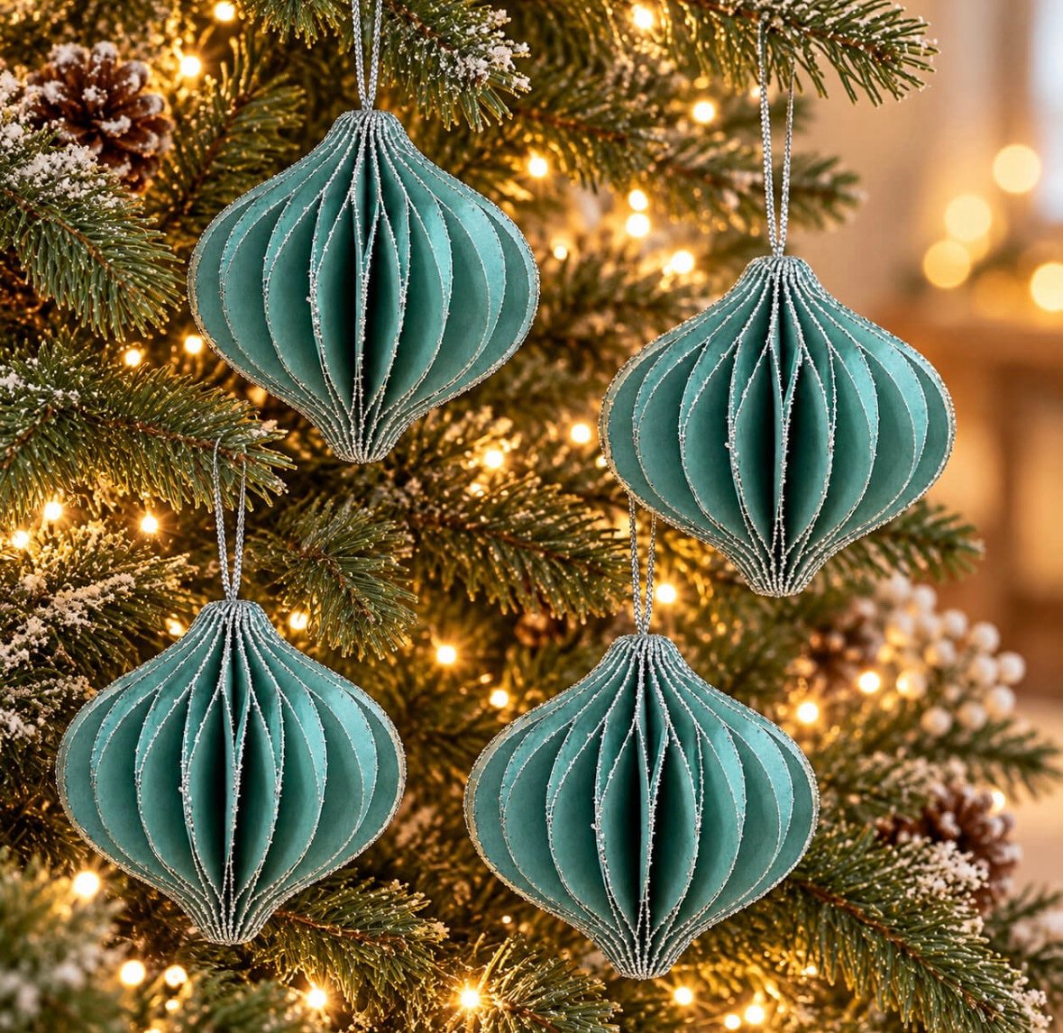 Glitter Honeycomb Christmas Ornaments - teal - Set of 4
