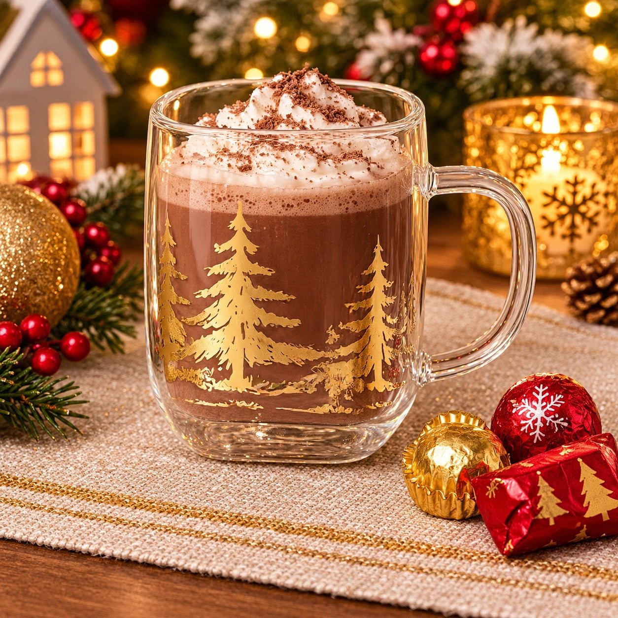 Festive Collection Double-Wall Glass Christmas Mug with Gold Trees - 480 ml