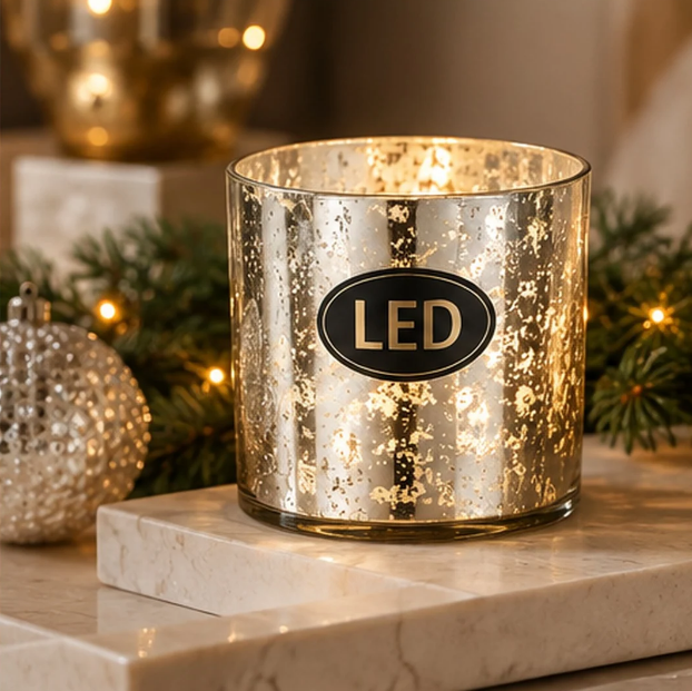 Flameless LED Glass Lantern with Real Wax Candle - Silver - Image 2
