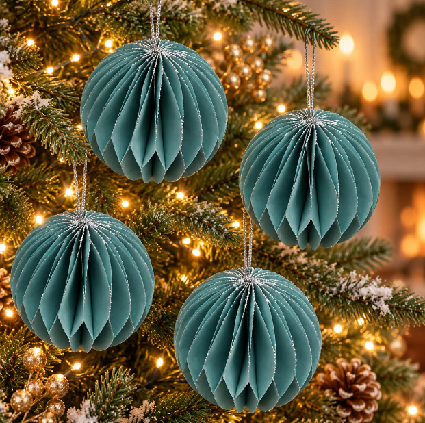 Migros Glitter Honeycomb Christmas Baubles teal - Set of 4
